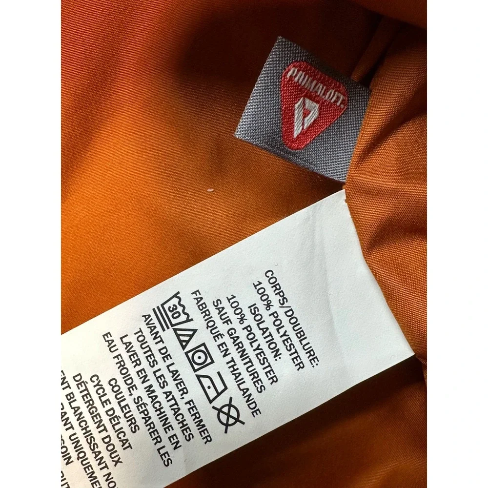 LL Bean Quilted Pullover Mens M Orange Navy Primaloft Hooded Anorak 503856